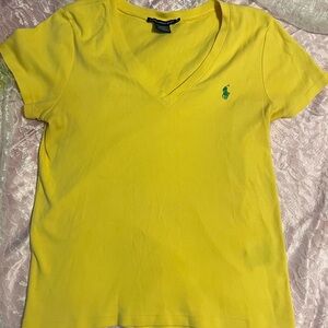 Polo Ralph Lauren Women’s XL Yellow V Neck T Shirt Green Pony Logo Short Sleeve